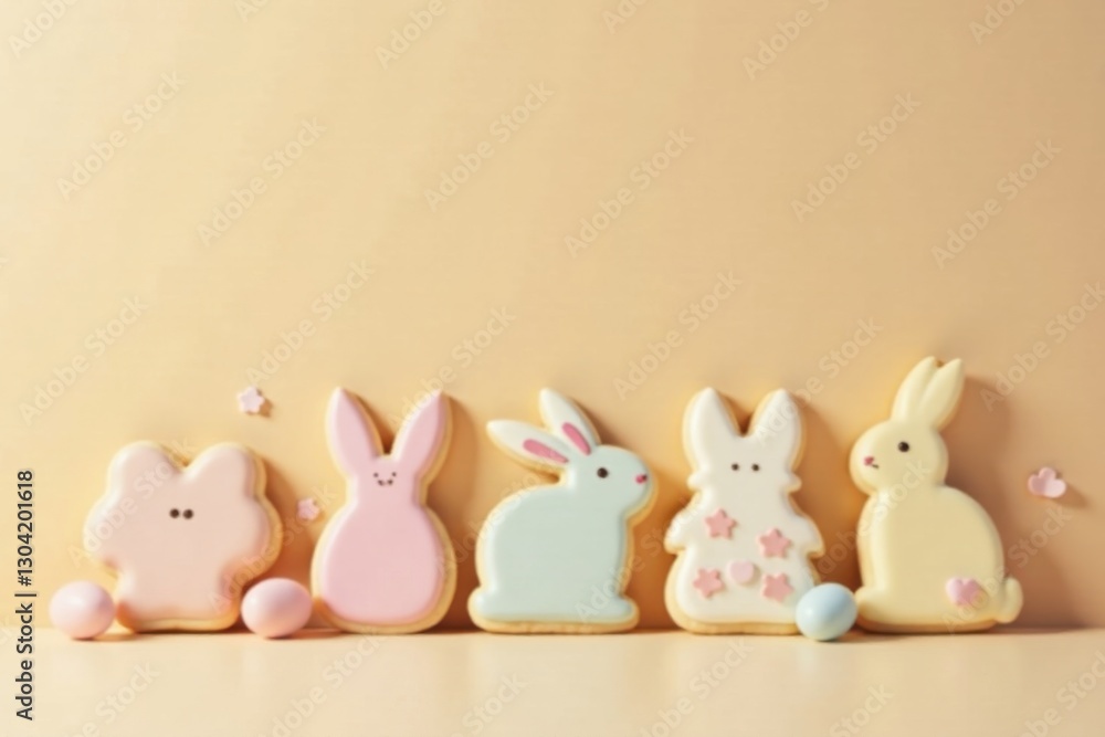 Delightful Easter bunny and frog shaped cookies arranged on a pastel background Delightful Easter bunny and frog shaped cookies arranged on a pastel background