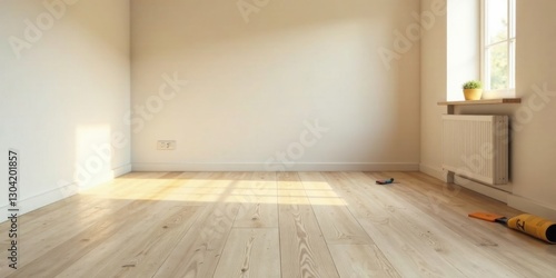 Sunlight streams into a newly finished room, highlighting the pale hardwood floor and clean white walls, ready for interior design.