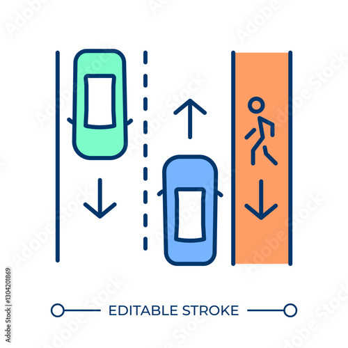 Walk facing oncoming traffic RGB color icon. Pedestrian safety rules regulation. Road accidents prevention. Transport. Isolated vector illustration. Simple filled line drawing. Editable stroke