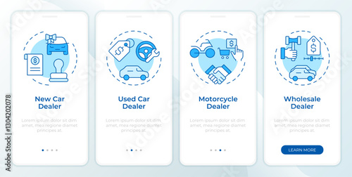 Auto dealership blue onboarding mobile app screen. Walkthrough 4 steps editable graphic instructions with linear concepts. UI, UX, GUI template. Montserrat SemiBold, Regular fonts used