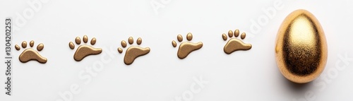 Golden Egg and Paw Prints on White Background