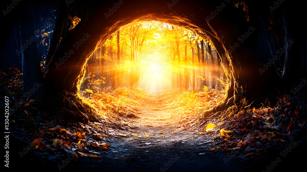 Obraz premium Autumn forest tunnel, sunlit path
