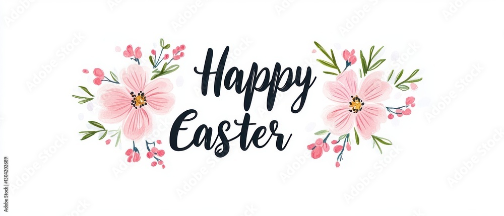 Happy Easter Floral Greeting Card Design with Pink Flowers Happy Easter Floral Greeting Card Design with Pink Flowers