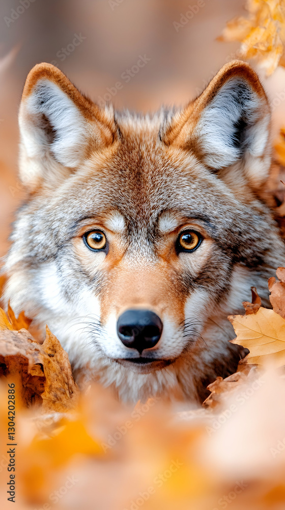 Fototapeta premium Autumn Wolf Portrait in Leaves