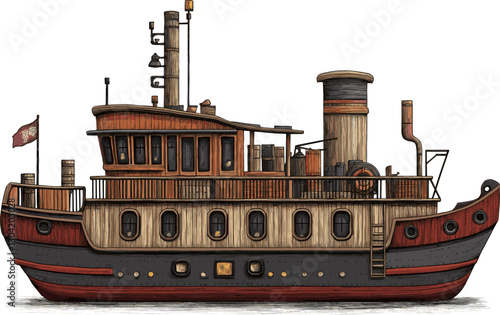A vintage tugboat cartoon isolated on transparent background. Vector illustration.