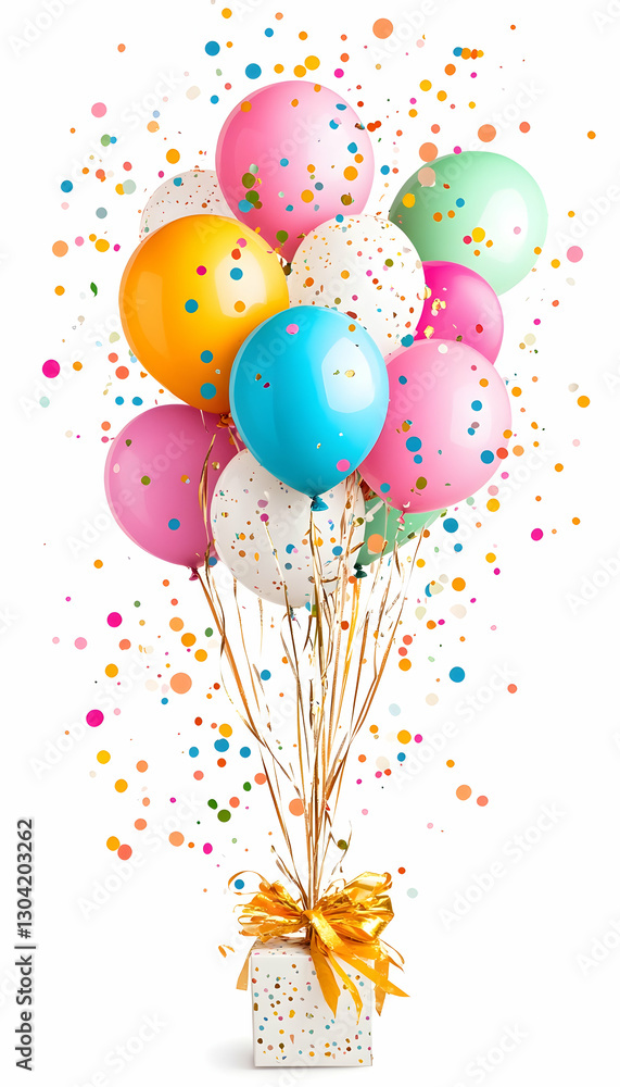 Balloons, confetti float above wrapped gift box against a clean white background Balloons, confetti float above wrapped gift box against a clean white background