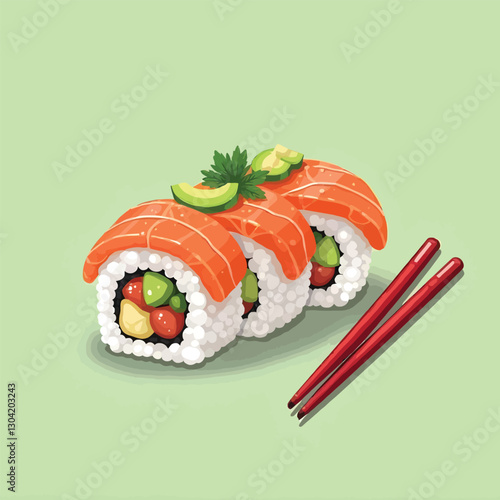 A sushi roll with fresh sashimi and spicy sauce flat vector illustration