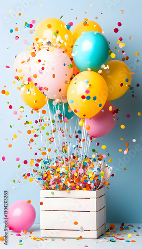 Balloons & Confetti Falling From Crate on Pale Blue Backdrop, Birthday Celebration