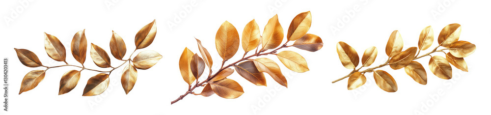 Obraz premium Golden leaves arranged artistically on a white background.