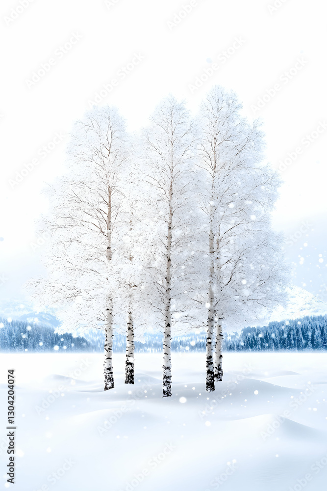 Fototapeta premium Birch trees, snow covered, stand in serene, wintery, idyllic frozen landscape