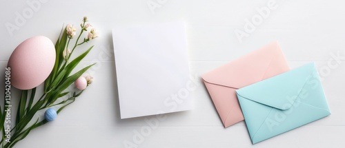 Pastel Easter Eggs and Flowers with Blank Card and Envelopes
