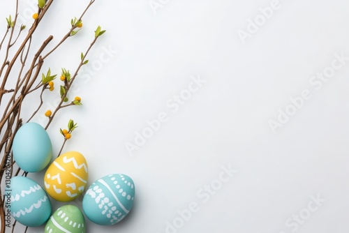 Pastel Easter Eggs and Spring Branches on White Background