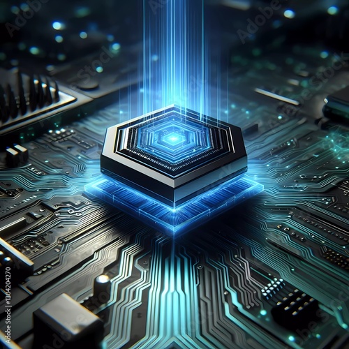 Abstract futuristic virtualization realms minimalist artificial intelligen technology 3D electrical digital smart chips levitating above high tech holographic circle board background  photo