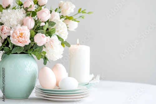 Pastel Easter Table Setting with Flowers and Eggs