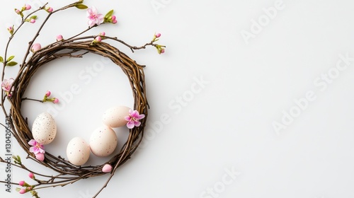 Pastel Pink Eggs and Spring Flowers in a Twig Wreath on White Background