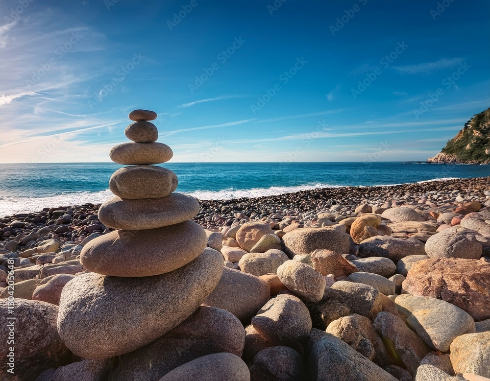 Fototapeta premium A stack of rocks on a rocky beach with the ocean in the background, blue sky, and a sunny day. The rocks are in the foreground, capturing a peaceful seaside moment.