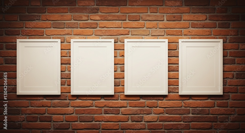 Warm light illuminates four blank frames neatly arranged on a rustic brick wall. AI Generated Warm light illuminates four blank frames neatly arranged on a rustic brick wall. AI Generated