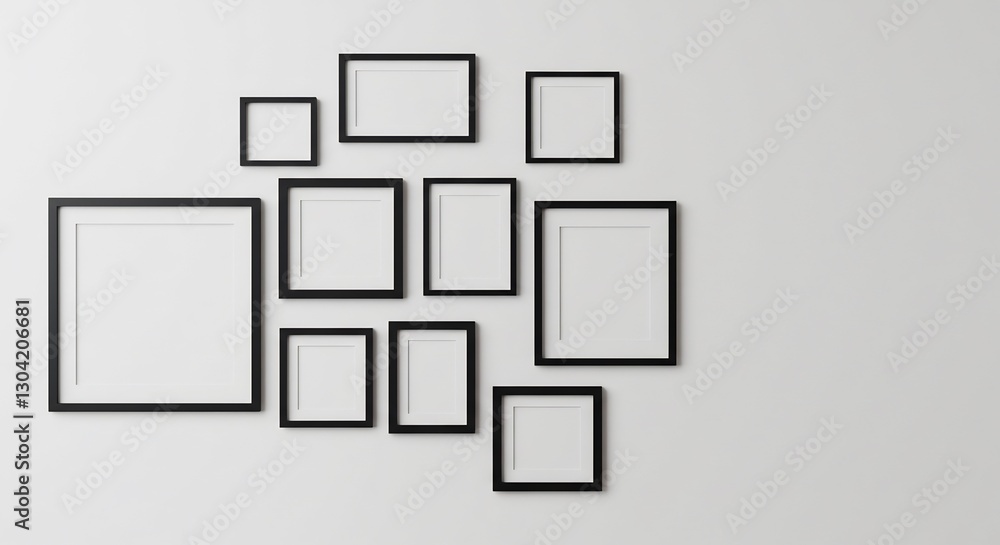 Empty black frames neatly arranged on a white wall subtly illuminated. AI Generated Empty black frames neatly arranged on a white wall subtly illuminated. AI Generated