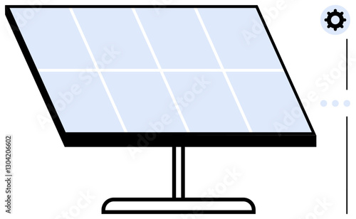 Modern solar panel on stand with interface gear icon, symbolizing clean energy, sustainability, and technology. Ideal for innovation, environment, energy, technology, progress strategy flat simple