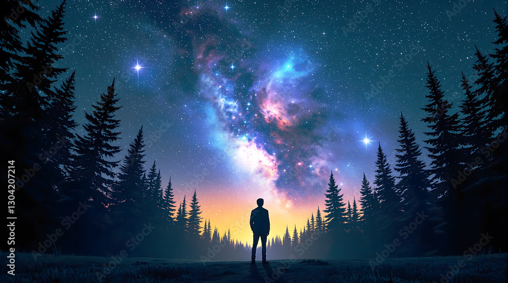 Fototapeta premium Lone Figure Under Starry Sky with Cosmic Forest Background. 