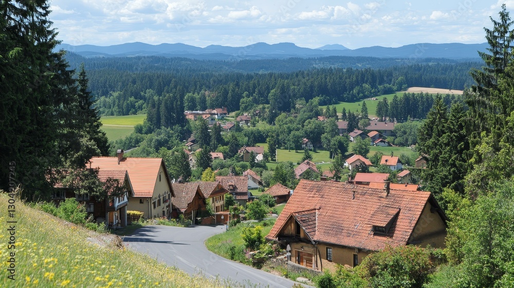 Panoramic View of a Village Nestled in the Valley Panoramic View of a Village Nestled in the Valley