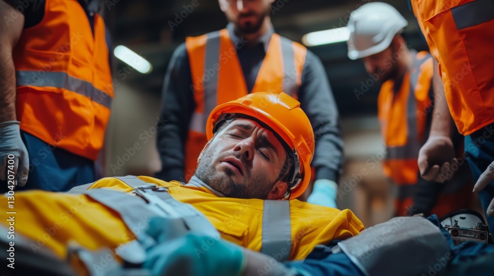 Injured worker in hard hat surrounded by team in safety vests Injured worker in hard hat surrounded by team in safety vests