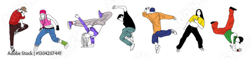 Set of teenager dancers hip hop, breakdance outline vector drawing isolated on white background. Young cool girl and boy dancing street dance in bright clothes. Korean japanese asian cartoon style.