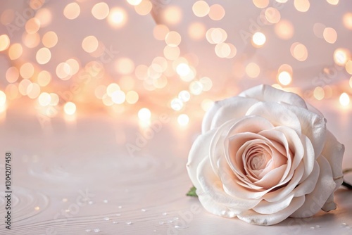 Soft white rose resting elegantly on a textured surface with blurred warm lights creating a romantic ambiance in the background. Generative AI