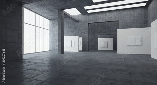 Modern gallery interior showcases minimalist art bathed in soft natural light. AI Generated