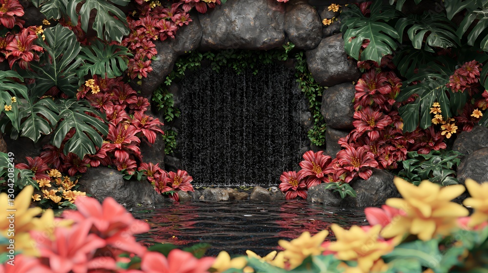 Fototapeta premium Lush Tropical Waterfall Scene with Red and Yellow Flowers