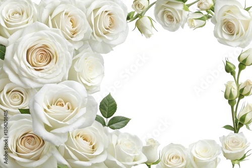 Beautiful white roses arranged artistically for elegant decoration and celebration in a soft light background setting. Generative AI