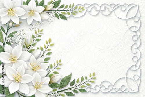 Elegant white lilies and lush greenery create a serene floral frame perfect for invitations or decorative art. Generative AI