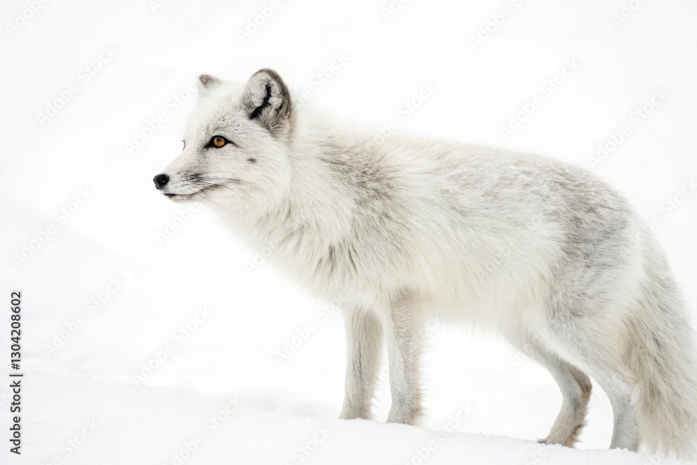Fototapeta premium Captivating arctic fox wanders through soft white snow in the tranquility of the frozen wilderness during winter days. Generative AI