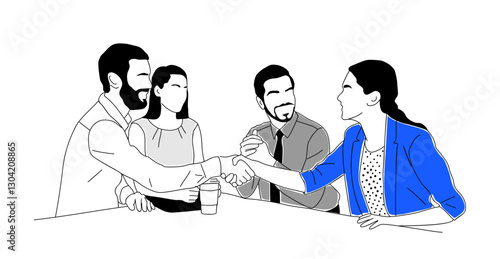Business team members working together. Set of businessmen and businesswomen cartoon characters discussing, brainstorming. Vector simple outline hand drawn illustration Isolated 