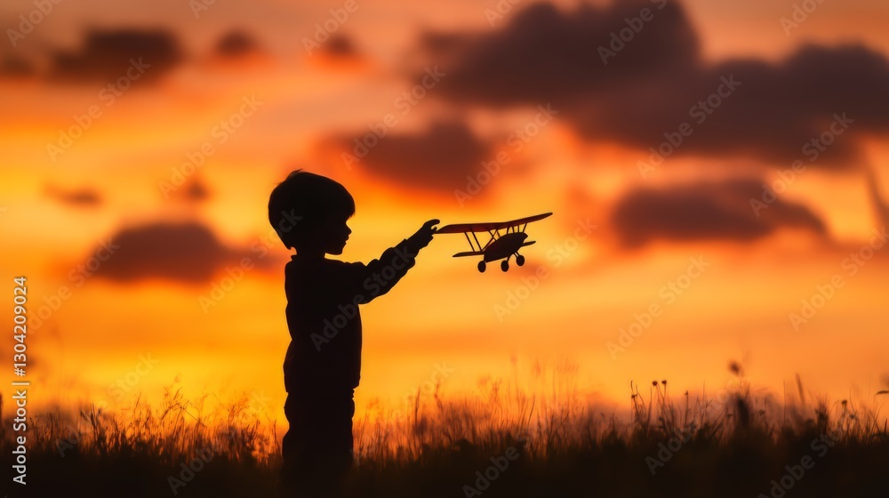Silhouette of child with toy airplane against vibrant sunset sky Silhouette of child with toy airplane against vibrant sunset sky