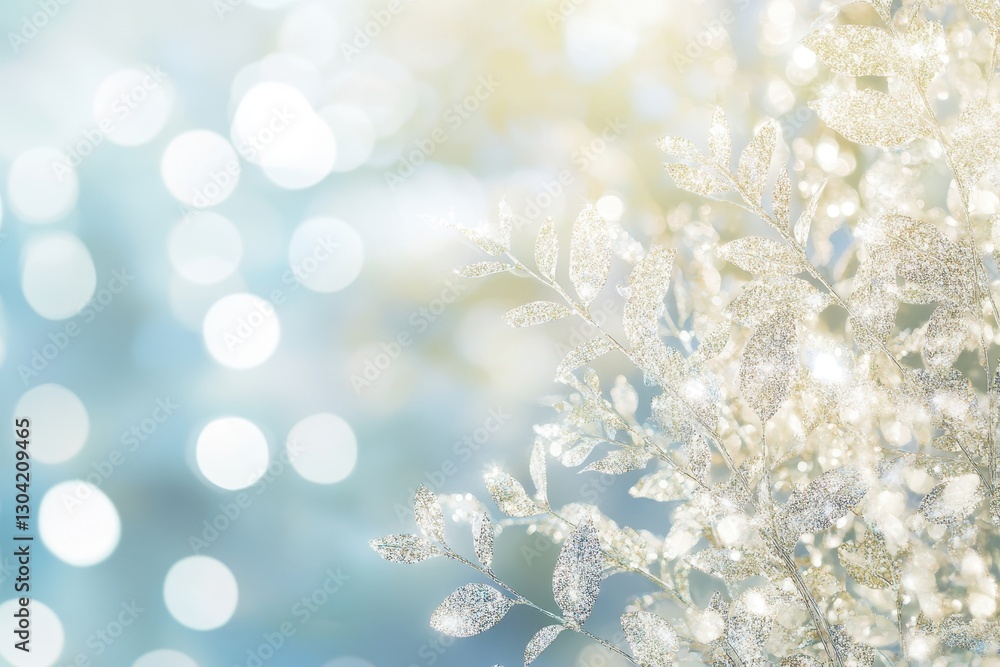 Naklejka premium Sparkling leaves shimmer against a backdrop of soft blue and bokeh lights in a dreamy winter wonderland. Generative AI