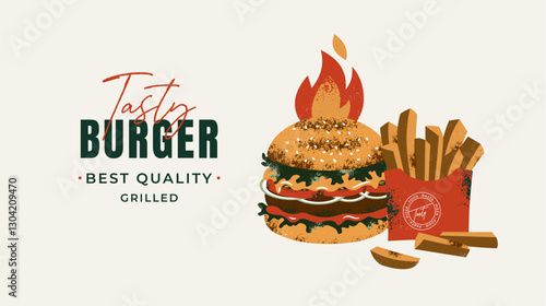 Hot burger design template. Burger in fire with French fries. 