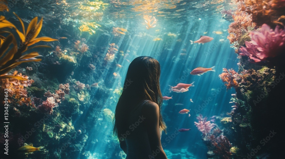 Obraz premium A woman looks in awe at the beautiful marine life in a large aquarium.
