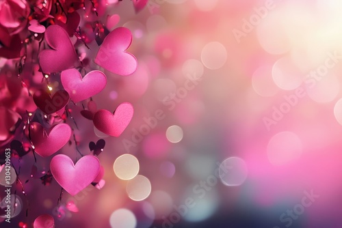 Decorative hearts create a romantic atmosphere amidst a colorful blur of light in a dreamy celebration of love. Generative AI