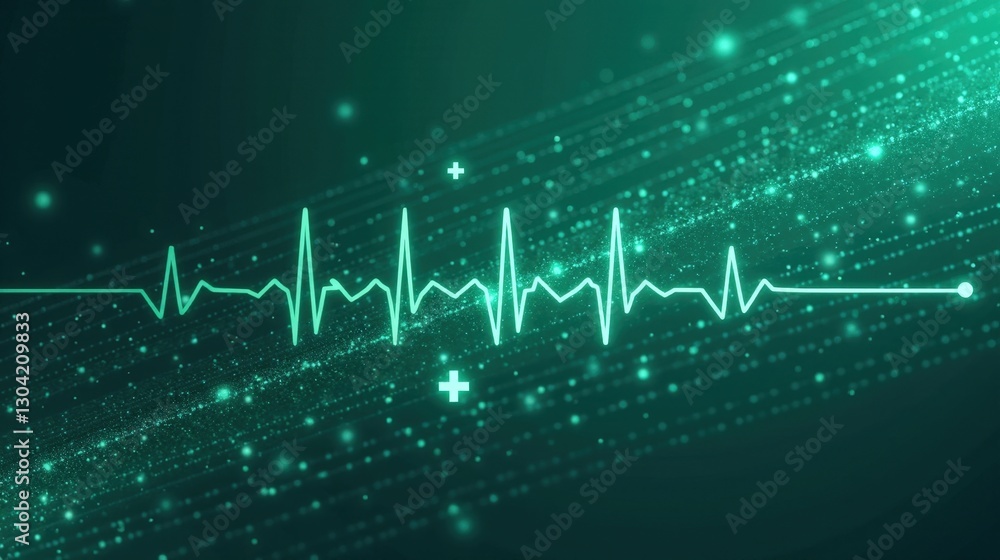 Obraz premium A stock illustration representing Media transparency in teal and dark green, incorporating diagonal shapes and metaphors of medical crosses and heartbeat lines