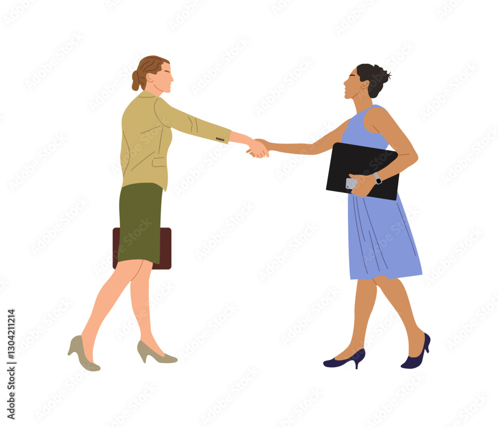 Business women shaking hands. Agreement, trust, cooperation concept. Greeting gesture, handshake of two young pretty businesswomen. Vector realistic illustration isolated Business women shaking hands. Agreement, trust, cooperation concept. Greeting gesture, handshake of two young pretty businesswomen. Vector realistic illustration isolated