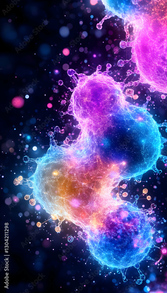 Cells dividing, microscopic view against a dark, cosmic background Cells dividing, microscopic view against a dark, cosmic background