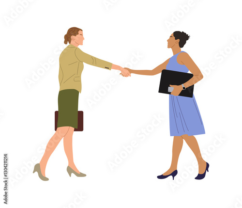 Business women shaking hands. Agreement, trust, cooperation concept. Greeting gesture, handshake of two young pretty businesswomen. Vector realistic illustration isolated