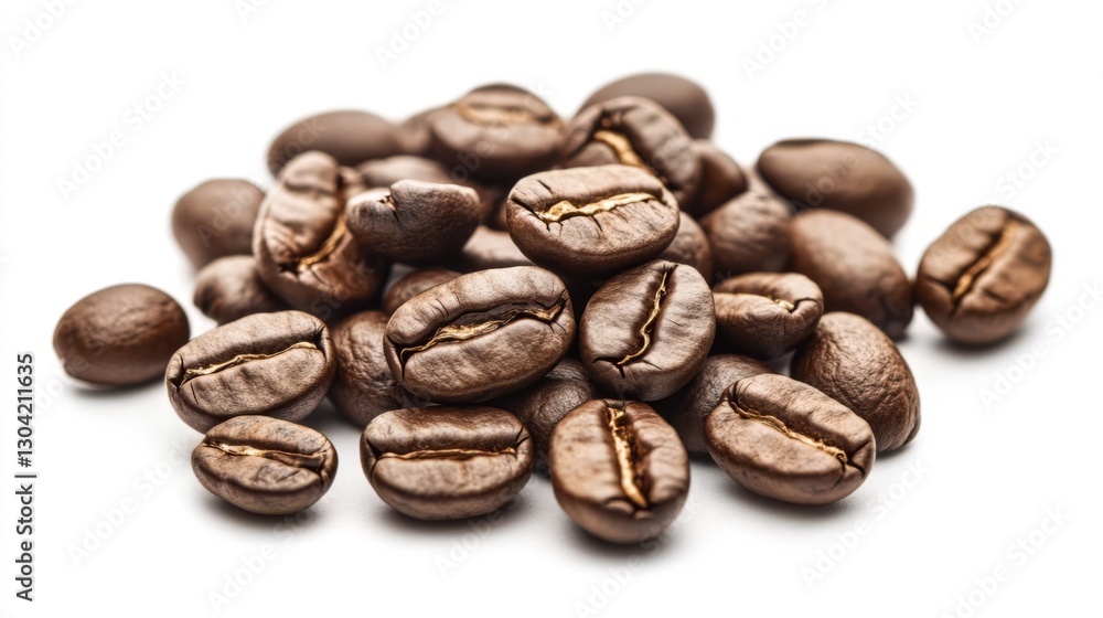 Close-up of roasted coffee beans on white background Close-up of roasted coffee beans on white background