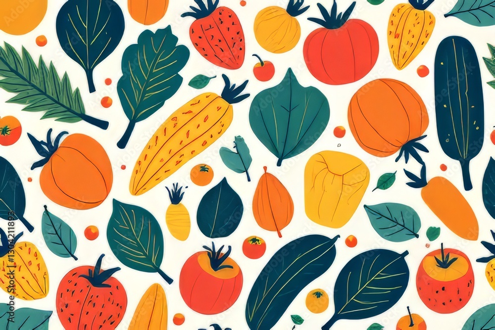 Colorful Pattern of Fruits and Vegetables with Leaves Colorful Pattern of Fruits and Vegetables with Leaves