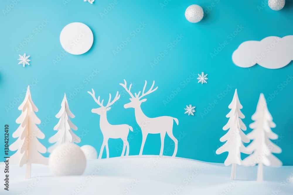 Elegant winter wonderland with white reindeer and snowflakes against a vibrant blue backdrop. Generative AI Elegant winter wonderland with white reindeer and snowflakes against a vibrant blue backdrop. Generative AI