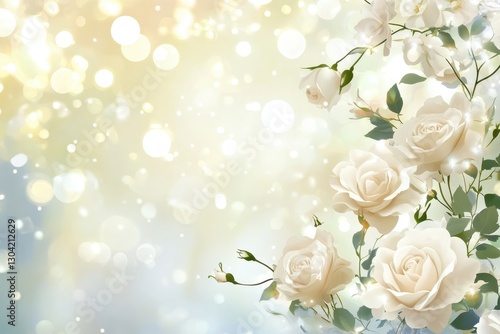 Delicate white roses bloom beautifully against a soft, shimmering background of golden bokeh lights and pastel hues. Generative AI