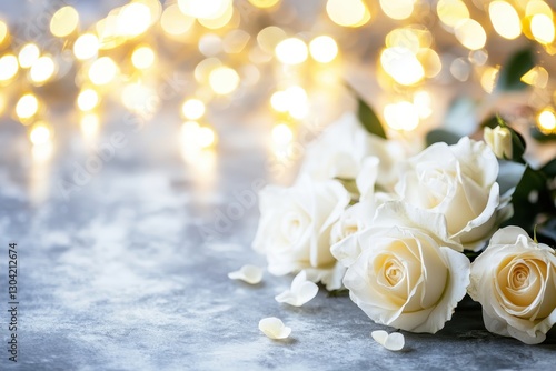 Delicate white roses elegantly arranged with soft golden bokeh lights illuminating a serene backdrop. Generative AI