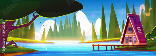 Forest lake cartoon with log cabin on shore and mountain peaks in background. Pine trees surround blue water and small pier extends from cozy house. Adventure and eco tourism travel atmosphere.
