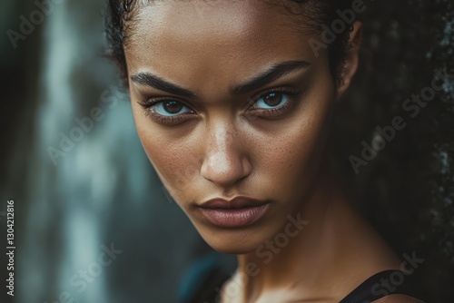 Stunning close-up of a confident young woman with captivating eyes, showcasing beauty against a textured background. Generative AI